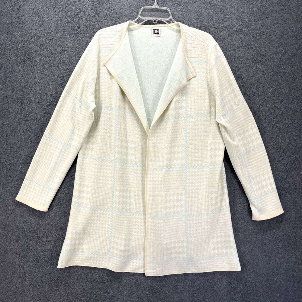 Anne Klein Cardigan Womens Beige Blue Plaid Long Sleeve cotton Blend sweater